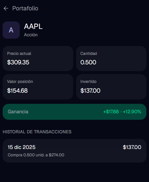 Detalle de un activo con precio, cantidad, ganancia e historial de transacciones